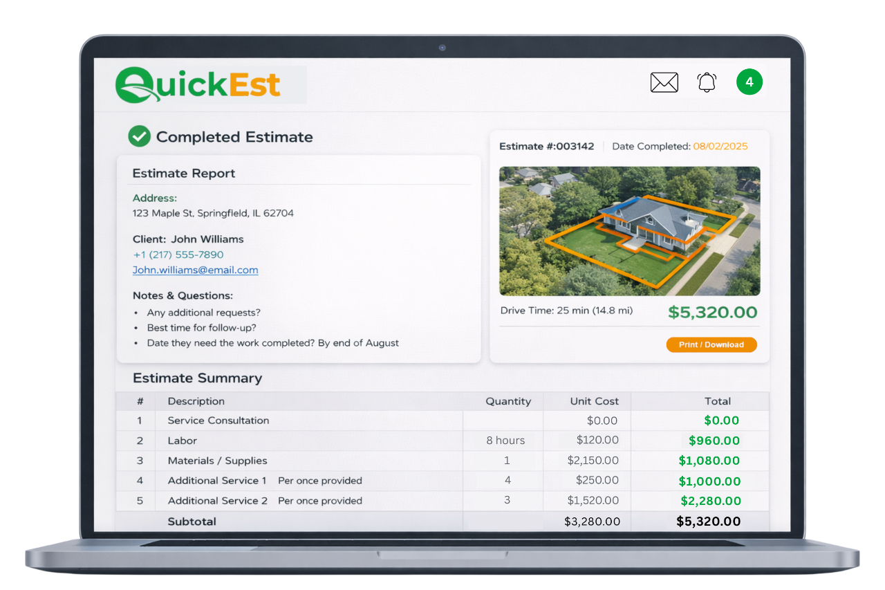 Completed estimate on QuickEst platform showing detailed breakdown, property imagery, and professional formatting